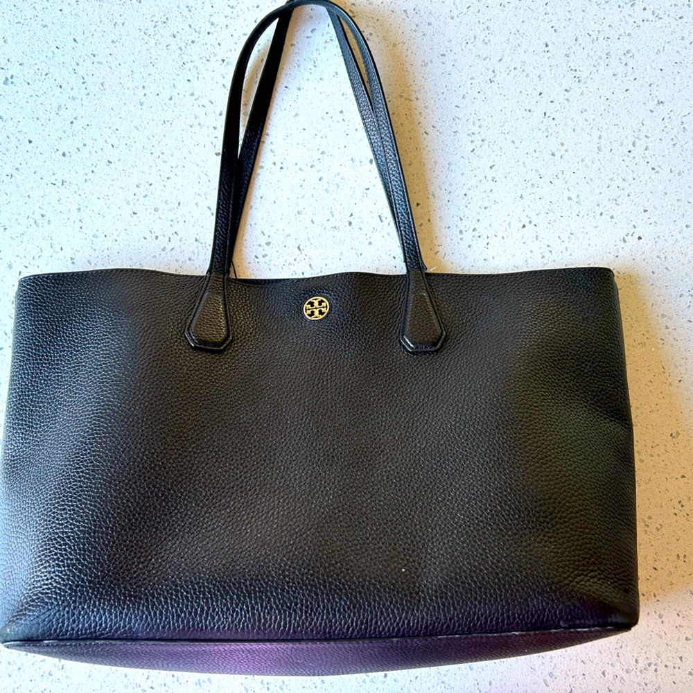 Tory Burch Black Leather Tote with Gold Emblem